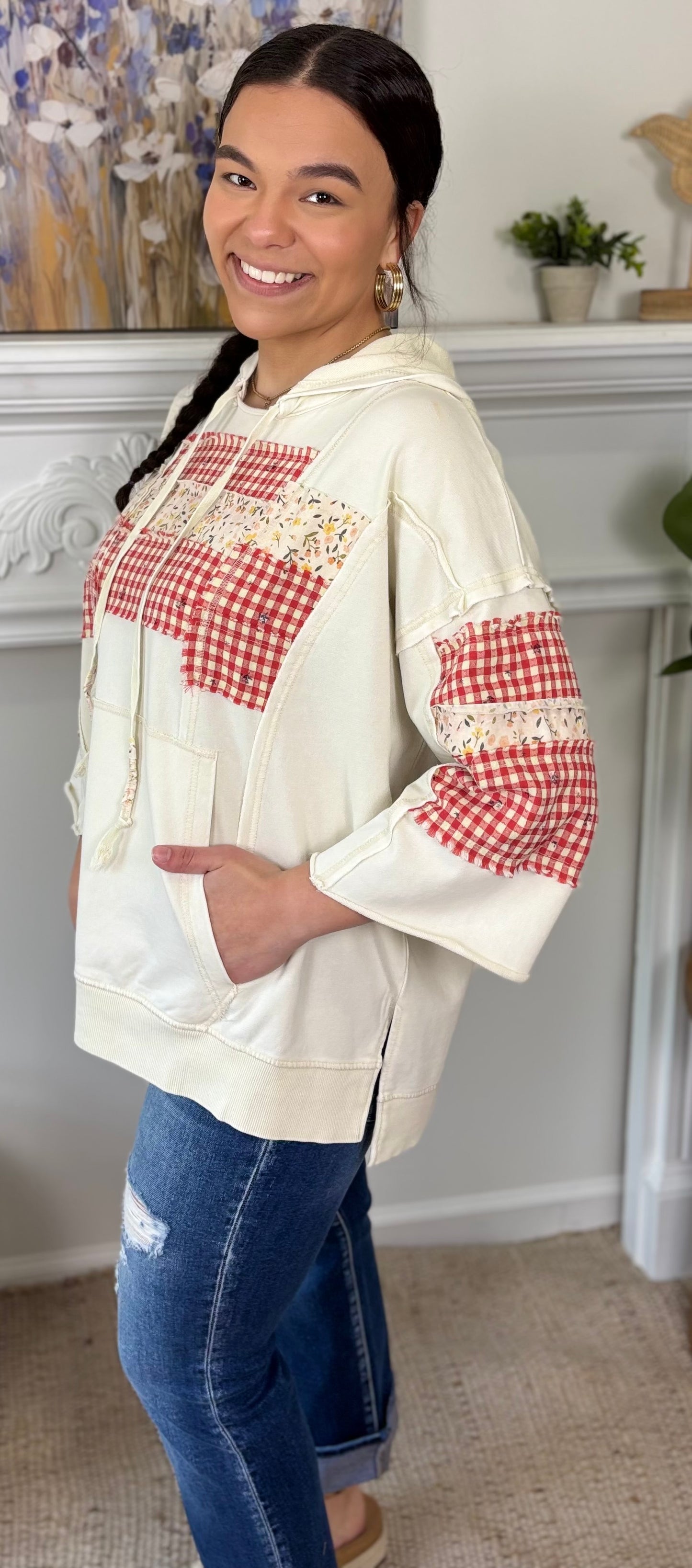 Khaki Gingham Patchwork Top