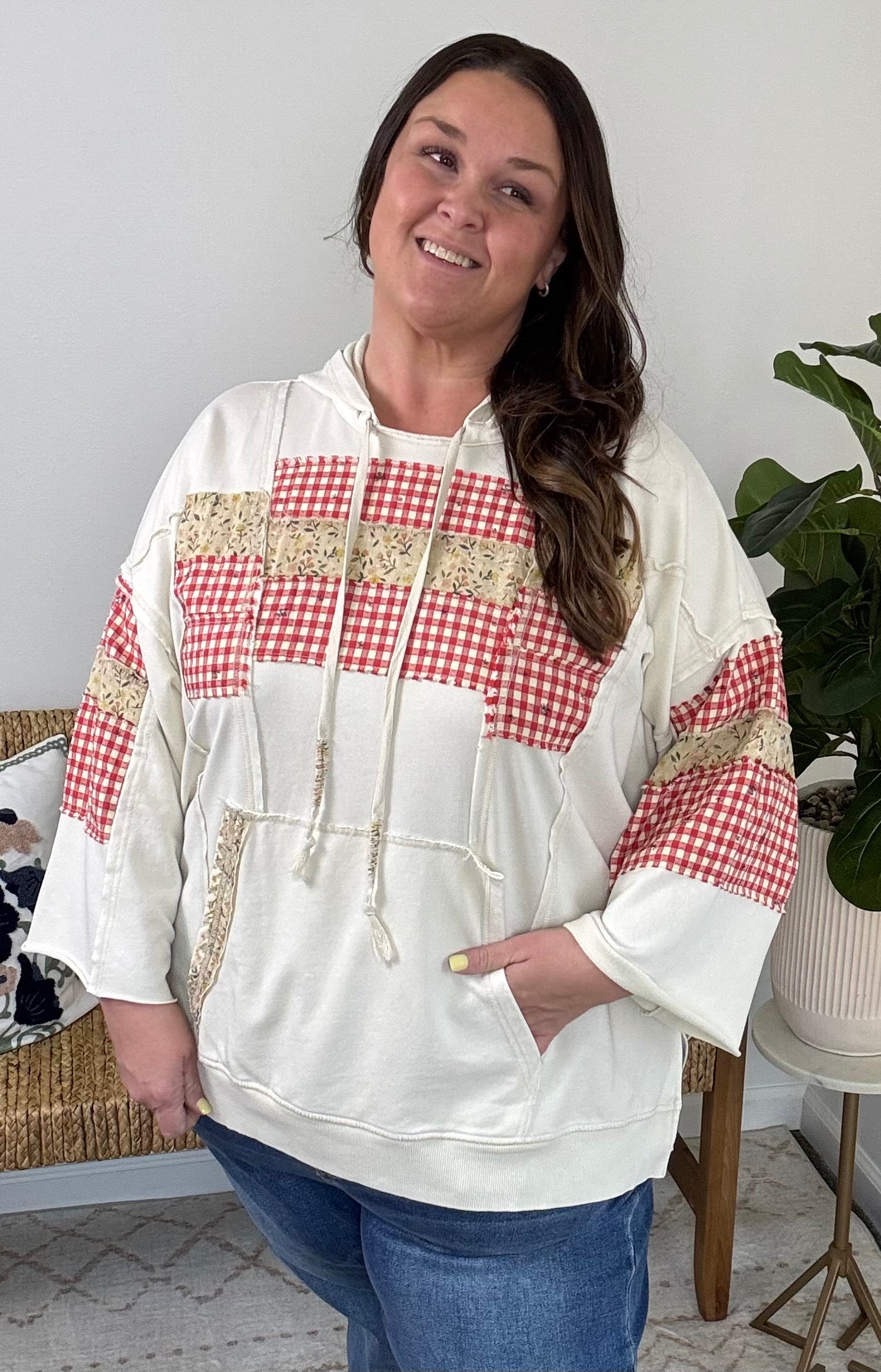 Khaki Gingham Patchwork Top Plus