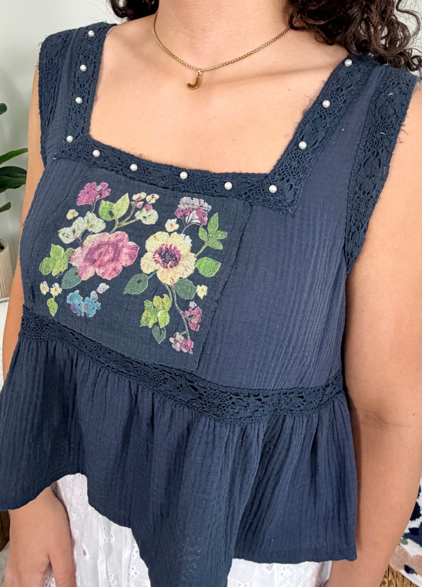 Boho Blossom Tank Navy