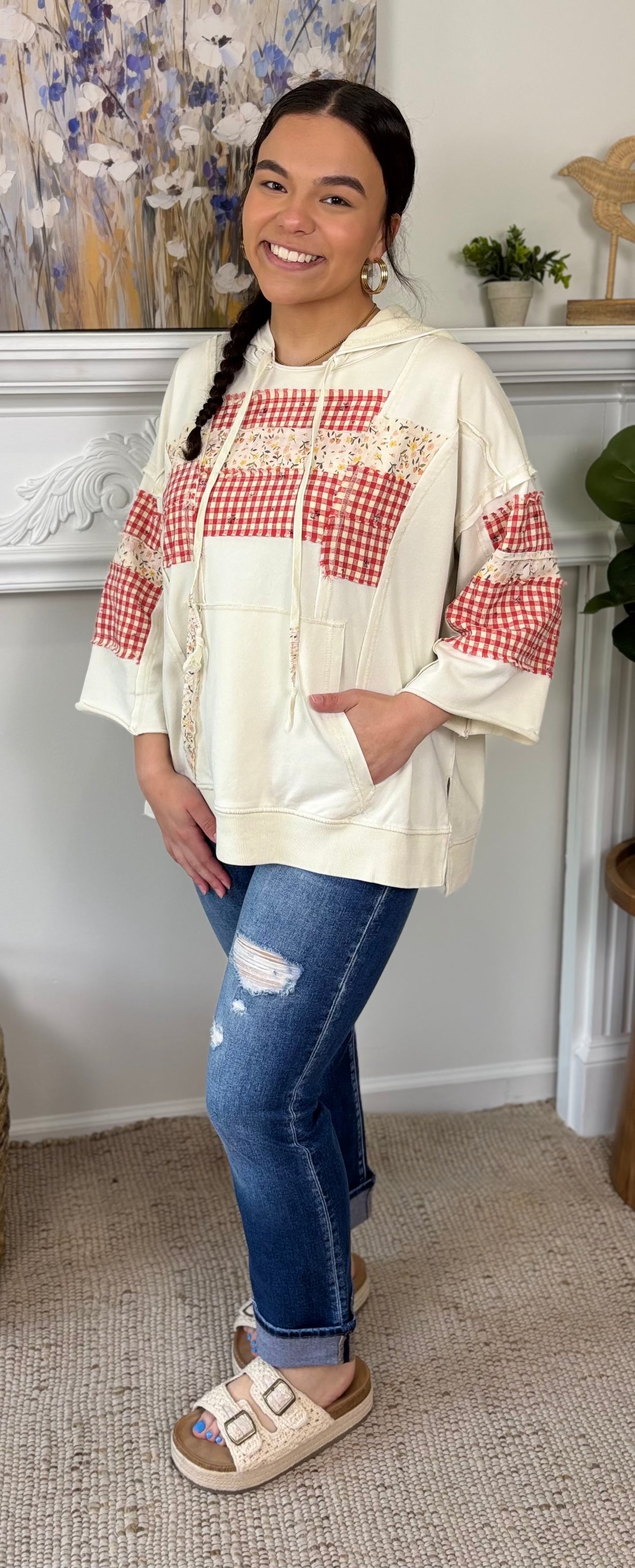 Khaki Gingham Patchwork Top
